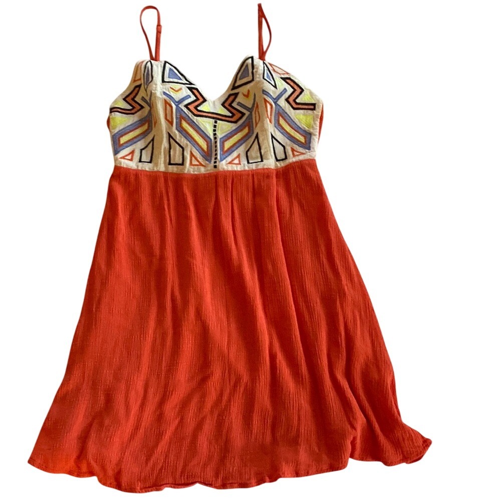 Flying Tomato Embroidered Geometric Print Strappy‎ Orange Sundress Size S